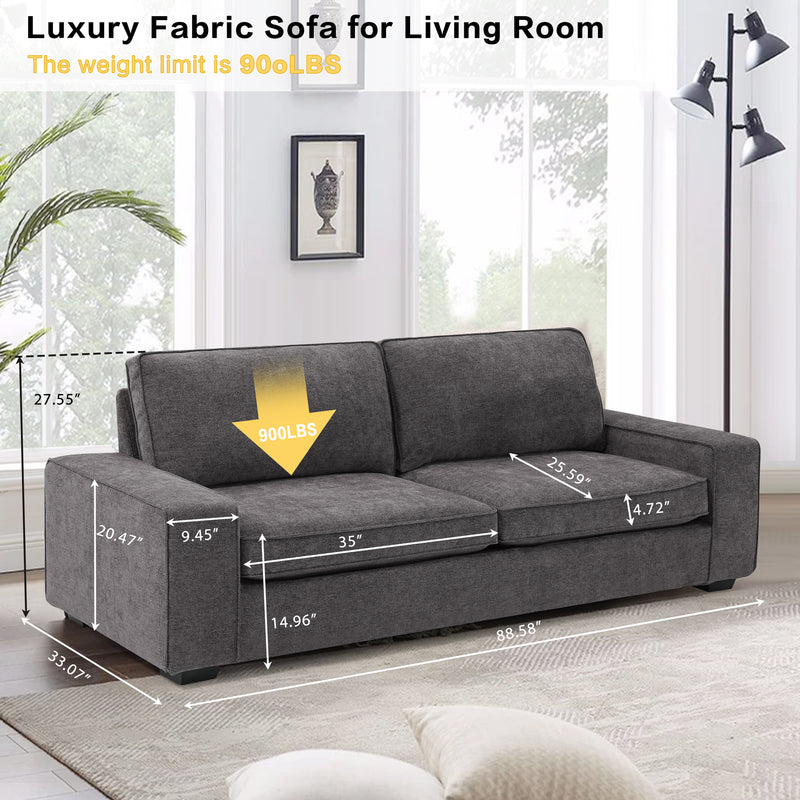MEROUS Canapés modernes de 88,58 po pour le salon, canapés et canapés à assise profonde en chenille avec accoudoir carré, coussin de canapé à dossier bas amovible et housse de canapé amovible/facile à installer (gris foncé)